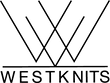 Westknits logo - large black W and V overlayed on each other underlined with a black line. 'Westknits' written underneath the line